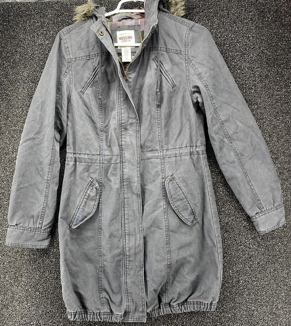 Mossimo Parka Jacket Womens M Gray Plaid Lined Faux Fur Hood Utility Canvas Coat